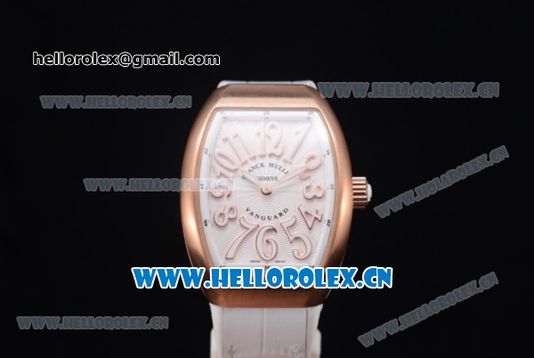 Franck Muller Black Croco Ronda 762 Quartz Rose Gold Case with White Dial Arabic Numeral Markers and White Leather Strap - Click Image to Close